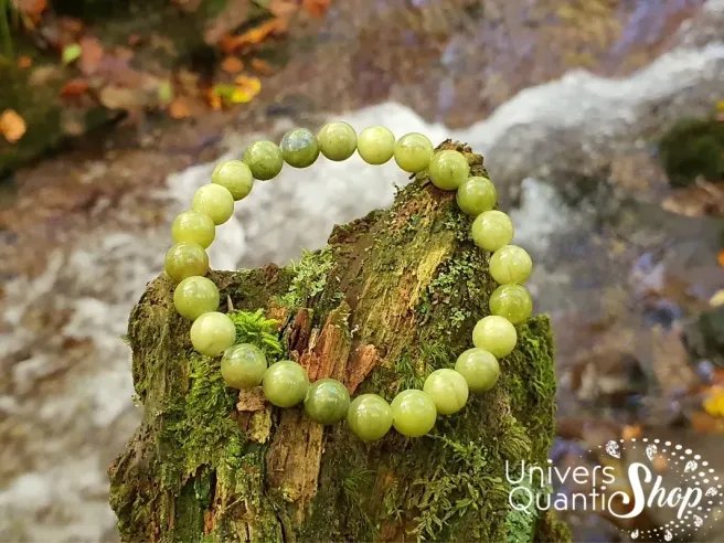 jade néphrite bracelet pierre verte posé un bout d'arbre au bord d'une rivière