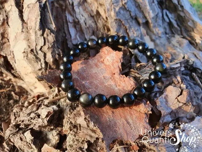 Bracelet Obsidienne Oeil Céleste pierre naturelle boule 8mm sur écorce de bois