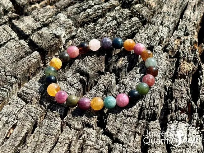 bracelet tourmaline multicolore pierre naturelle 08mm sur un tronc d'arbre