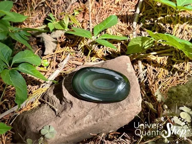 obsidienne oeil céleste galet numéro 5 sur un rocher