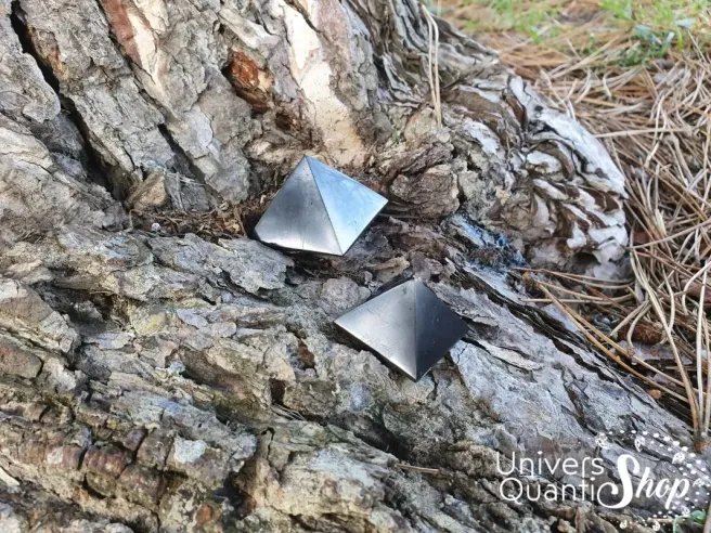 shungite pyramide pierre naturelle de russie 3 à 7 cm posées sur une écorce d'arbre