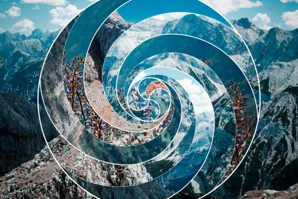 géométrie sacrée en spirale avec images de montagne en fond